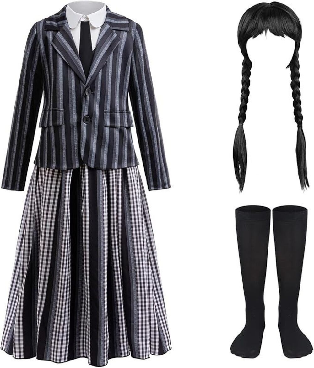 Girls Cosplay Black Striped Dress, School Girl Costume with Wig 6-8yrs Old